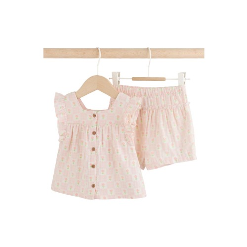 Floral Check Cotton Gauze Top & Shorts