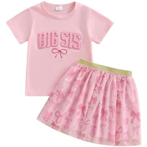 Kayotuas Toddler Girl Summer Outfits Bow Embroidery Short Sleeve T-shirt and Sparkle Tutu Skirt Cute Sister Matching Dresses