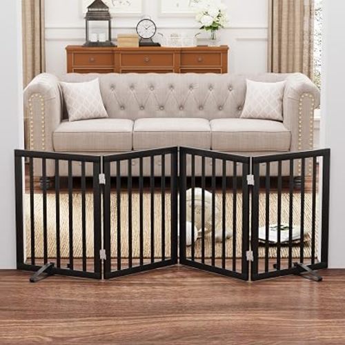 Black 37-74" Dog Gate Foldable Dog Gates for Doorways Stairs House Freestanding Pet Gate Puppy Barries 24 inches Tall