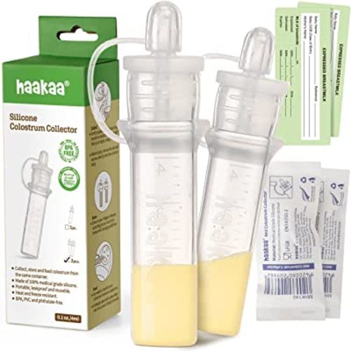 haakaa Colostrum Collector Reusable Silicone Colostrum Collector for Breastfeeding to Collect, Feed & Store, Ready-to-Use Set (0.1oz/4ml, 2 PK)