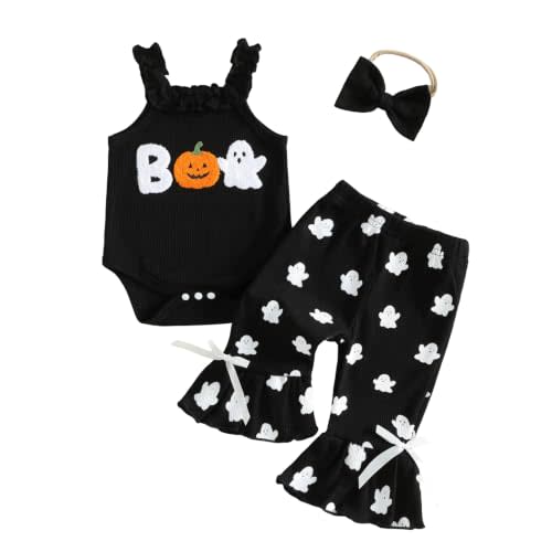 Baby Girl Halloween Outfit Ghost Romper Bell Bottoms Pants Set | Infant Baby Girl Halloween Outfit Boo Baby Waffle Romper Ghost Bell Bottoms Pants Halloween Baby Clothes