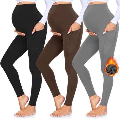 GROTEEN 3 Pack Women's Maternity Leggings with Pockets Over The Belly Workout Yoga Pregnancy Pants