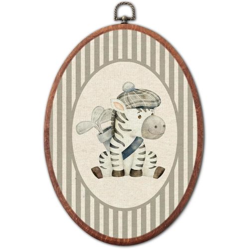 Vintage Bear Skateboarding Nursery Oval Wall Art Canvas Framed | grey striped prints,retro decor wall art hanging decor for bedroom kids toddler room playroom decoration, 8.6x11.4 inch