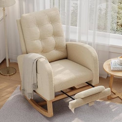 Garvee Modern Nursery Rocking Chair, Boucle Upholstered Rocking Chair with Footrest, Comfortable Rocker Recliner with Side Pocket, Rocker Glider for Living Room, Bedroom, Nursing Room, Light Brown