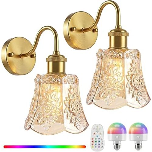 YUNICE Rechargeable Wall Sconces Set of 2 Battery Operated Wall Sconce with Remote Control Dimmable Cordless Wall Lamp with Amber Glass Lampshade Antique Brass Wall Lights for Bedroom Living Room