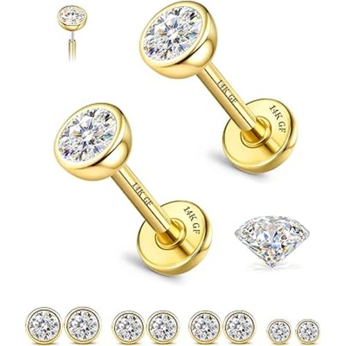 8 PCS Moissanite Nose Studs Flat Back Earrings Hypoallergenic : 14K Gold Plated Stainless Steel Nose Rings 20G Push in Threadless Lip Cartilage Helix Conch Piercing Jewelry for Women Men