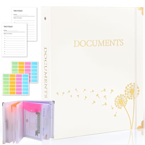 XKDOUS Important Document Organizer 3 Ring Linen Binders Folio File Folders | Beige Expanding Storage Holder with Gold-foiled Hardcover, 9 Pockets & Labels for A4, Letter Size Papers, Home & Office
