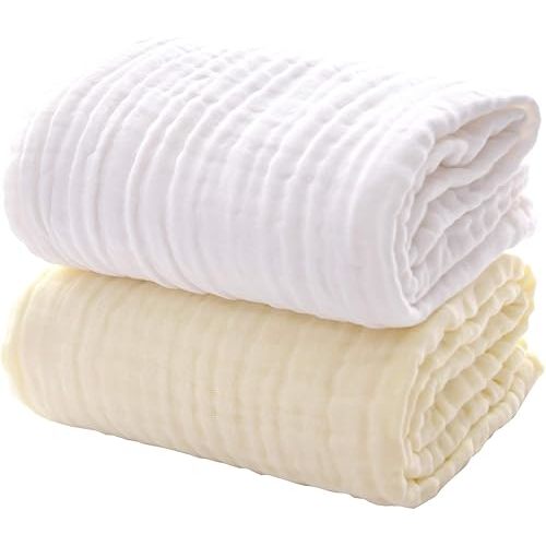MUKIN Baby Bath Towels, Super Soft Cotton Receiving Blanket for Baby's Delicate Skin,2Pack Swaddle Blanket for Newborns Toddlers Boy Girl,Baby Registry as Shower (White+Yellow)