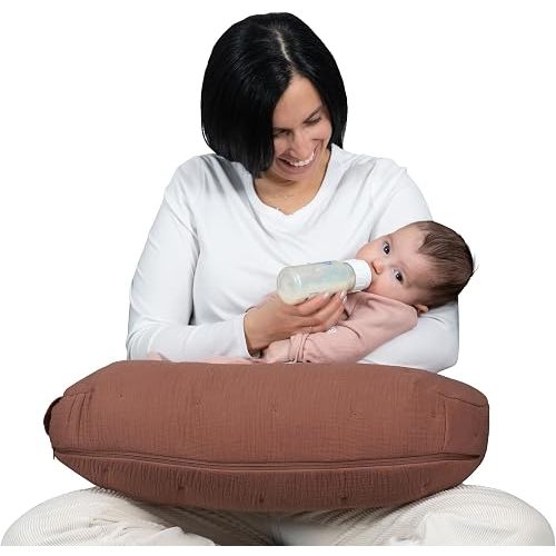 Boppy Nursing Pillow Luxe - Ergonomic Bottle & Breastfeeding Pillow with High Lift & Firm Support - Water-Resistant with Washable Cotton Muslin Cover - Baby Safety Alliance Verified - Chestnut