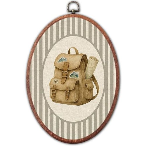 Lulavo Vintage Camping Backpack Nursery Oval Wall Art, Grey Striped Canvas Prints Framed, Retro Adventure Backpack Decor for Neutral Toddler Room Playroom Bedroom Hanging Decoration, 8.6 x 11.4 Inch