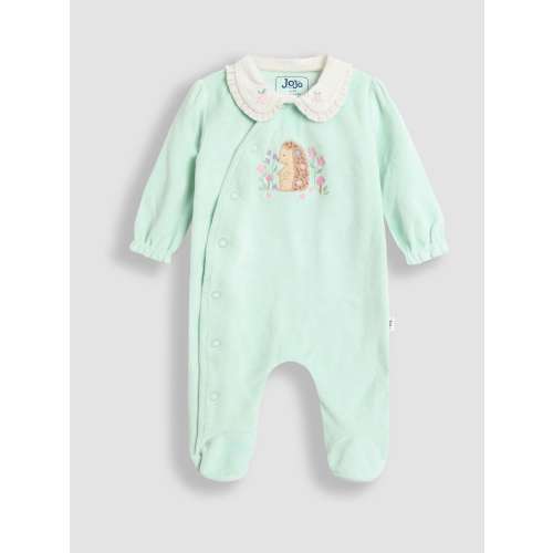 JoJo Maman Bébé Mint Hedgehog Velour Appliqué Footed All-In-One