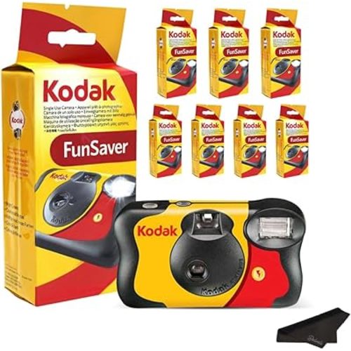 Kodak Funsaver Disposable Camera Bulk one time Single use 7-Pack 27exp 35mm Camera Bundled with Balveli Premium Microfiber Cloths - Bulk Kodak Disposable Film Camera 35mm