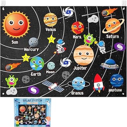 WATINC 44Pcs Outer Space Felt Story Board Set 3.5 Ft Solar System Universe Storytelling Flannel Interactive Play Kit with Hooks Astronaut Planets Alien Galaxy Reusable Wall Hanging Gift for Boys Girls