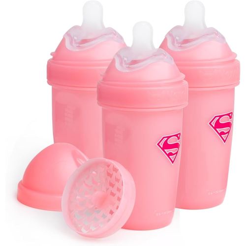 Herobility Anti-Colic Baby Bottles 8.5 fl oz/240ml - Pack of 3 Plastic Baby Bottles, Slow Flow Plastic Bottles, Breast-Shaped Teat for Breastfed Babies, Small Baby Bottles, Swedish Design, Supergirl