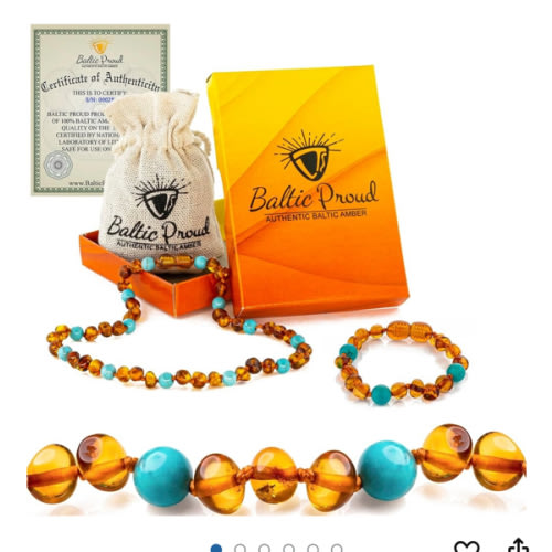 Baltic Proud Amber Necklace and Bracelet Gift Set (Unisex Cognac Turquoise 12.5 Inches/5.5 Inches) - Certified Premium Quality Raw Baltic Sea Amber