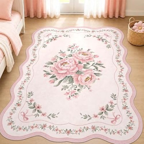 Scalloped Pink Floral Rug for Bedroom Girls, 5x7 Washable Area Rug for Nursery, Soft Low Pile Non-Slip Carpet for Playroom, Dorm or Kids Room