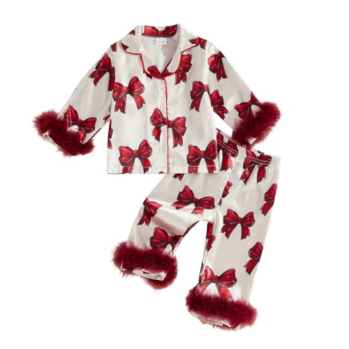 Toddler Girl Fall Satin Pajamas Set Fuzzy Bow Print Lapel Tops and Pants | Kids Satin Pajamas Toddler Girl Bow Print Feather Trim Pajama Set 2 Piece Button Down Lapel Shirt and Pants Girls Sleepwear