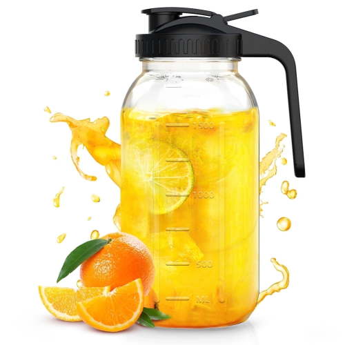 GPED 64 oz Heavy Duty Glass Mason Jar Pitcher, Cold Brew Coffee Maker Pitcher With Stainless Steel Filter, Pour Spout Handle Lid, Airtight & Leak-Proof For Iced Coffee, Iced Tea, Fruit Drinks - Black
