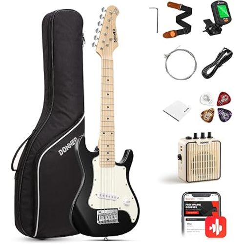 Donner 30 Inch Kids Electric Guitar Beginner Kits ST Style Mini Electric Guitar for Boys Girls with Amp, 600D Bag, Tuner, Picks, Cable, Strap, Extra Strings, DSJ-100, Black