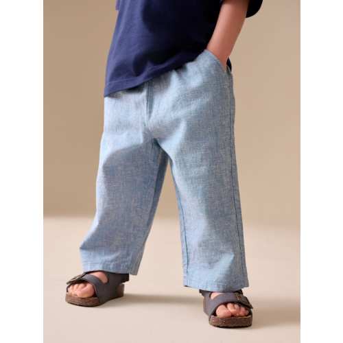 Chambray Blue Wide Fit Linen Blend Pull on Trousers