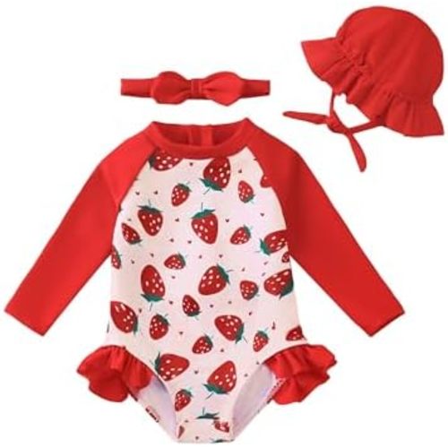 Renotemy Baby Girls Swimsuit Summer Infant Girl Bathing Suit Zipper Long Sleeve One-Piece Rash Guard Swimwear with Hat 3M-3Y