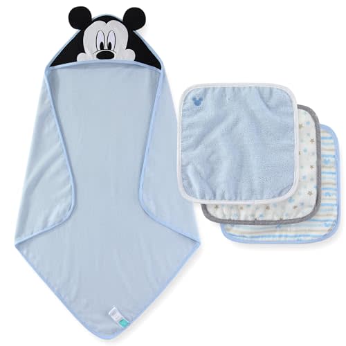 Disney Baby Boys Mickey Mouse Hooded Bath Towel with 3 Washcloths Set for Newborn and Infants