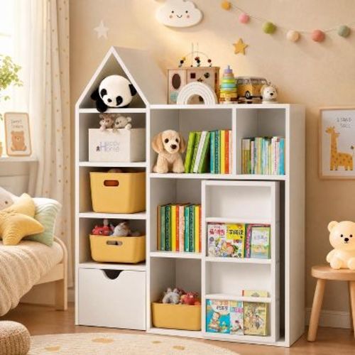 Kids Toy and Book Organizer Storage Cabinet with 8 Cubbies and Movable Drawers, Multifunctional Bookshelf Chest for Playroom Nursery Living Room