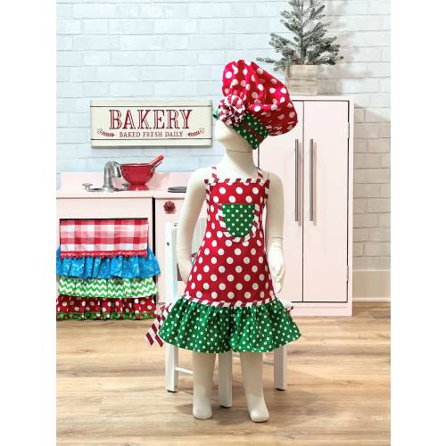 Girls Christmas Apron: Ruffled Holiday Polka Dot Apron