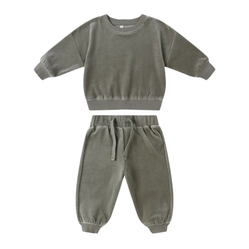 Quincy Mae Velour Relaxed Fleece Sweatshirt Set / Forest
