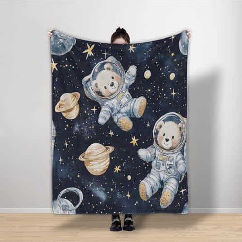 Teddy Bear Blanket Throw for Couch Bed Sofa, Planet Galaxy Throw Blanket for Women, Astronaut Animal Flannel Blanket Soft, Plush, Fuzzy, Cozy, Warm Home Decor Blankets, 50 x 60 inch