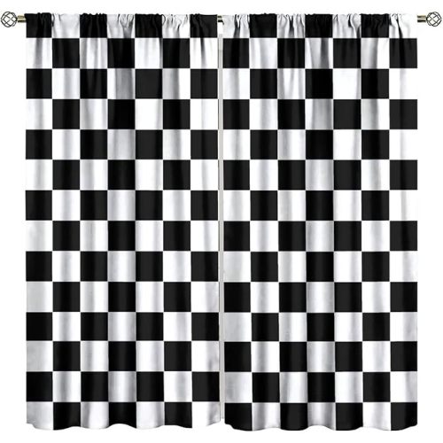 Black White Plaid Curtains,Kids Boys Teens Checkered Flag Race Car Racing Game Pattern Blackout Rod Pocket Window Drapes for Kids Boys Teens Bedroom Living Room Kitchen 55x63 Inch