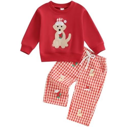 Arvbitana Toddler Baby Boys Christmas Dog Smocked Outfit Long Sleeve Embroidery Sweatshirt Gingham Pants Two Piece Clothes