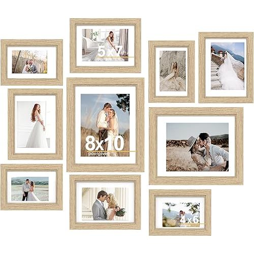 Picture Frames, Made of Real Glass and Wooden Frame, Gallery Photo Frames Set of 10 for Collage Wall Decor, Multi Sizes Including 8x10, 5x7, 4x6 for Mounting or Tabletop Display, Wood