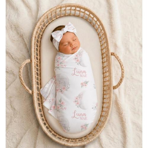 Floral Moon Swaddle Blanket set-  Personalized Blanket Headband Set -Blush Floral Luna Blanket -Going Home Outfit -Baby Girl Blanket SW581