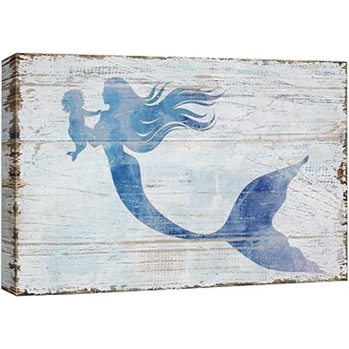 wall26 Canvas Print Wall Art Mermaid & Baby Silhouettes on Wood Panels Fantasy & Sci-Fi Ocean Illustrations Modern Art Rustic Scenic Relax/Calm Multicolor for Living Room, Bedroom, Office - 12"x18"