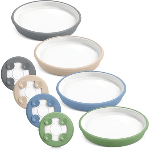 Domensi 4 Sets Kids Porcelain Plates with Silicone Suction Sleeve Toddler Suction Plates Baby Porcelain Snack Dishes for Kid Toddler Baby Self Feeding Microwave Dishwasher Safe (Classic Color)