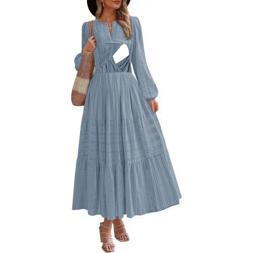 Nursing Fall Dresses for Women Puff Long Sleeve V Neck Tiered Wedding Guest Maxi Dress with Pockets