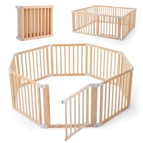 Wooden Baby Playpen, Adjustable Play Yard with Proof Lock for Toddlers