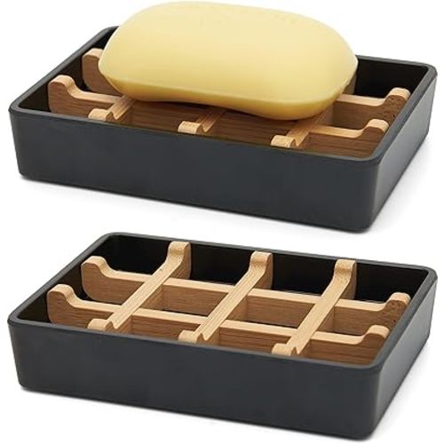 Bamboo Soap Dishes for Shower Wooden Soap Bar Holder for Bathroom Soap Tray Easy to Clean, Durable and with Non-Slip Pads(Two Black Squares)