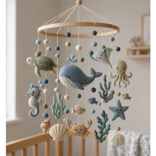 Ocean Baby Mobile, Felt Whale Crib Mobile, Neutral Nursery Decor, Sea Life Mobile, Baby Boy Nursery, Ocean Theme Baby Mobile