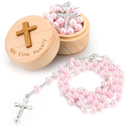 Baptism Gifts for Girls Boys Rosary Catholic My First Rosary and Keepsake Box for Baby Shower Holy First Communion Christian Beads Gifting Set(Pink)