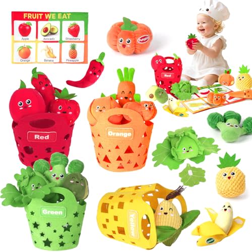 Baby Sensory Toys - Plush Color Sorting Fruit Veggie Baby Toys 6-12 Months, Montessori Pretend Play Food with Rattle Crinkle for Toddlers 1-3, Birthday Easter Gift for 1 Year Old Boys Girls