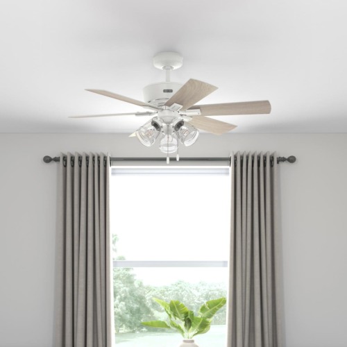 Hunter Pickens SureSpeed 44-in Fresh White with Light Oak Blades Ceiling Fan With Light and Pull Chain Included 6 -Blade