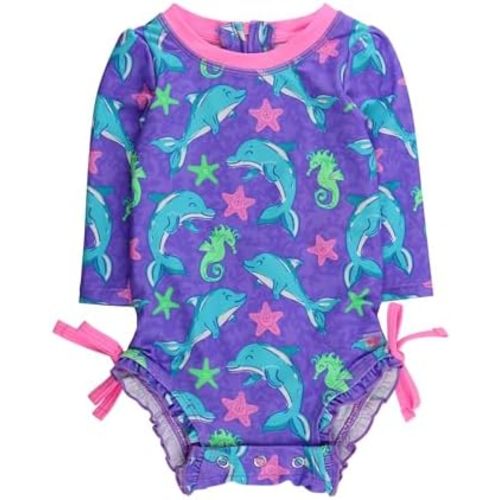 RuffleButts Baby Girls UPF 50+ Sun Protection Floral Printed Long Sleeve One Piece Rash Guard Swimsuit with Zipper