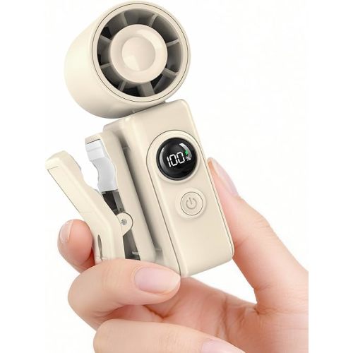 Portable Clip-On Mini Fan, Hands-Free, Turbo Personal Handheld Fans Rechargeable w/ 4 Wind & LED Display, Pocket Size Summer Cooling Essentials for Travel/EyeLash/Beach/Concert, Gifts for Women(Ivory)