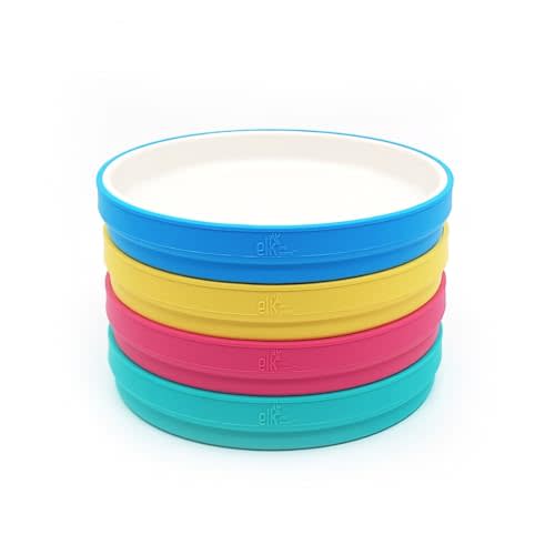 Elk and Friends Kids 7.8” Porcelain White Plates with Silicone Sleeves | Suitable for Babies/Toddlers | Microwave & Dishwasher Safe | Non Slip Dinnerware | Snack Dishes | 4 Pack