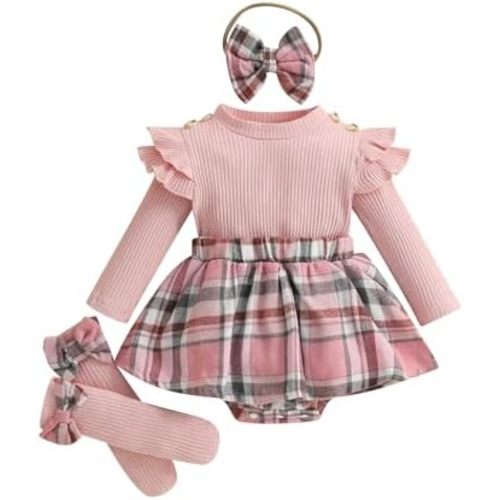 Newborn Baby Girl Holiday Outfit Long Sleeve Plaid Skirt Romper Dress Headband Socks Set Fashion Fall Winter Clothes