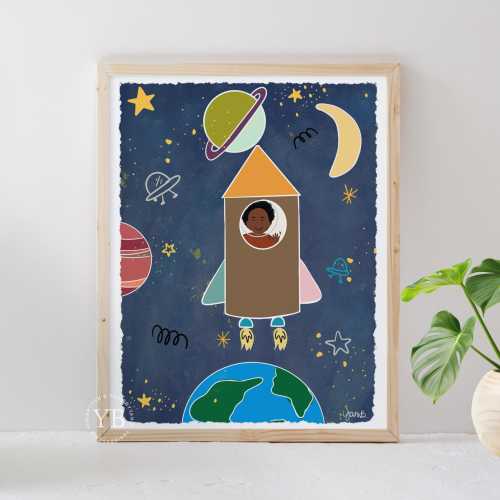 Little Black Boy Wall Art Print, Space Theme Kids Bedroom Decor