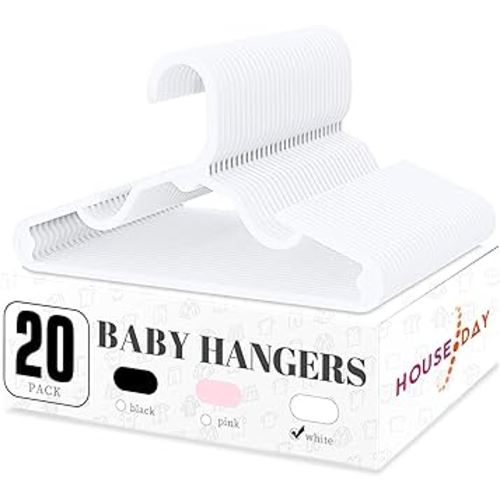 HOUSE DAY Plastic Baby Hangers for Closet 20 Pack, Durable Plastic Kids Hangers for Baby Clothes, Thin & Compact Childrens Hangers, Space Saving White Baby Hangers, Small Hangers for Kids Clothes