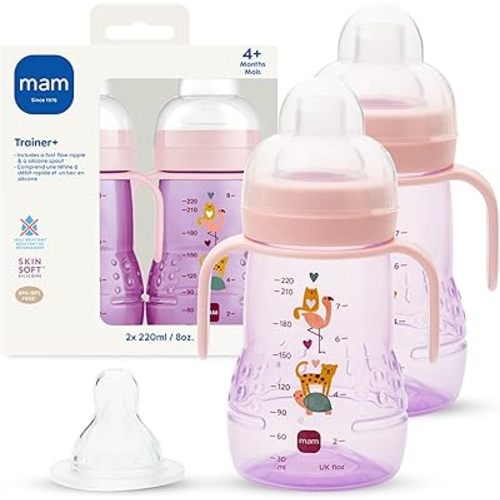 MAM Trainer Sippy Cup for Toddlers 1-3, 8 oz. Transition Drinking Cup with Extra-Soft Spout, Spill-Free Nipple, and Non-Slip Handles, for Girls 4+ Months, 2 Count